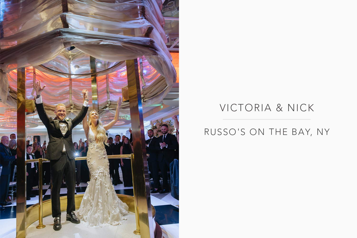 Victoria and Nick raise their hands while standing on a gold platform at their wedding reception at Russo's on the Bay, NY.