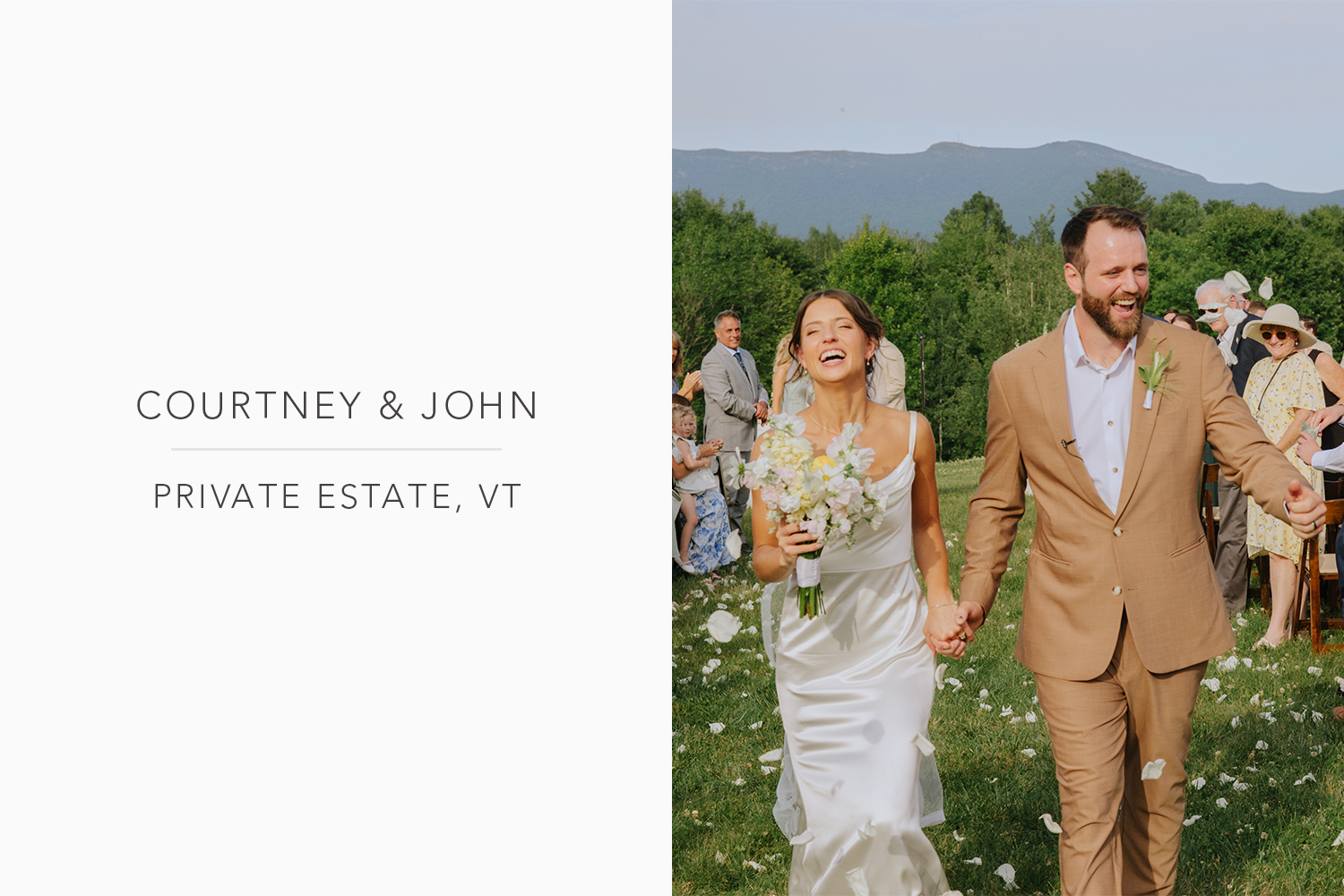 The bride and groom smile, holding hands as they walk down the aisle at their Private Estate, VT wedding.
