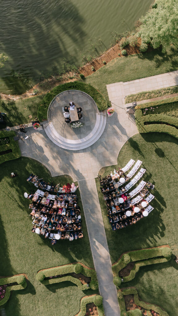 An aerial view of a wedding ceremony at Park Chateau in New Brunswick, New Jersey.