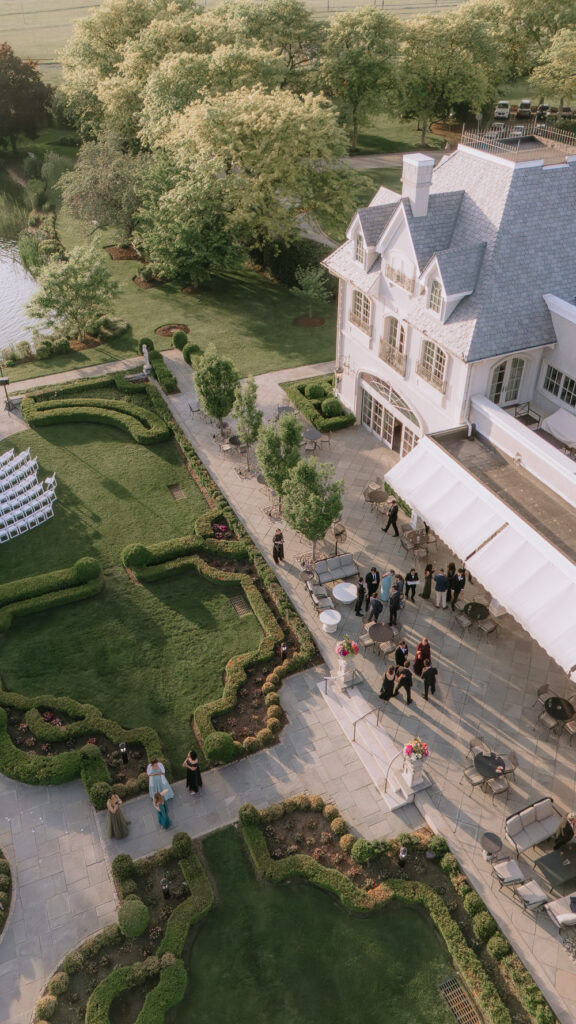 Aerial view of a wedding at Park Chateau Estate & Gardens in East Brunswick, New Jersey.