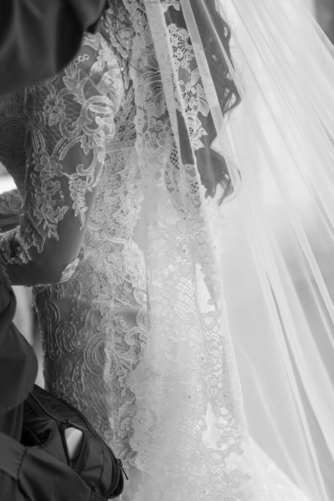 Close-up of a bride in a lace wedding gown with a sheer veil during her Park Chateau wedding.